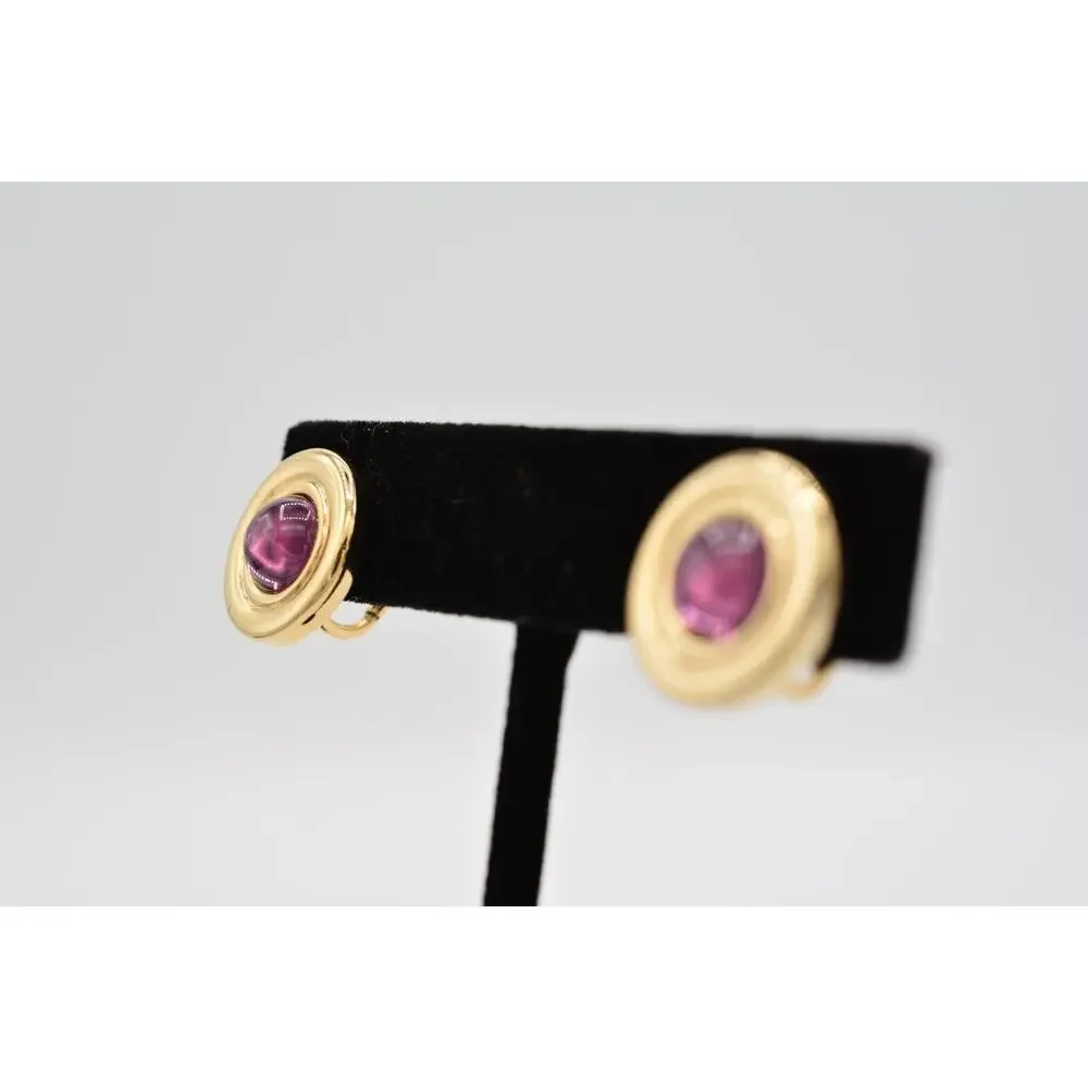 Vintage Cabochon Clip On Earrings Purple Round Gold Tone Jewelry Huggie 1980s 9L